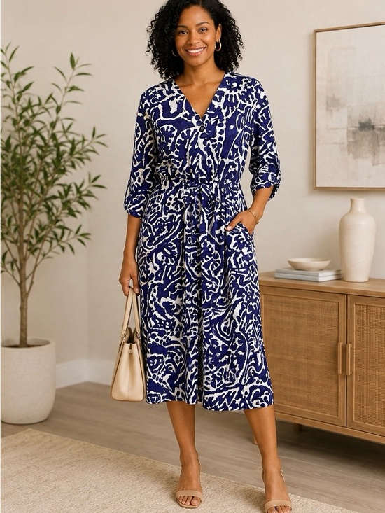 NIC+ZOE Dresses & Skirts - NIC+ZOE Blue & White Print Midi Dress | Size Large | Tie Waist with Pockets